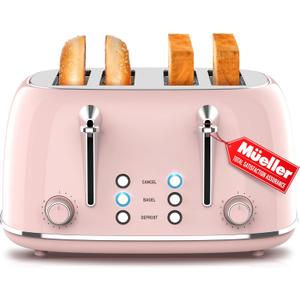 Mueller Retro Toaster 4 Slice with Extra Wide Slots Bagel, Defrost, and Cancel Function, 6 Browning Levels, Dual Independent Controls, Removable Crumb Tray and High Lift Levers, Pink