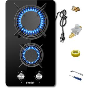 12 inch Gas Stove, 2 Burners Propane Cooktop Bulit-in, Indoor Cooktop Suitable for Dual Fuel LPG/NG, Tempered Glass Gas Stove Top for Kitchen, Apartment, Indoor, 110-120V Plug in