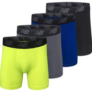 New Balance Men's Mesh 5" No-FLY Boxer Brief (4-Pack) (Large, Black/Hi-lite/Team Royal/Lead)