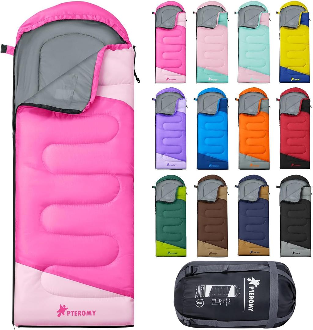 PTEROMY Sleeping Bags for Adults, Lightweight and Machine Washable, Water Resistant Backpacking Camping Sleeping Bag for Warm Cold Weather, Camping Essentials for Hiking Travel (50F~80F / 3 Season, Pink), Up to 6-7 feet tall