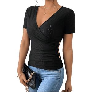 SweatyRocks Women's Short Sleeve V Neck Wrap Top Eyelet Embroidery Ruched Button Side Slim Fit T Shirt Black S