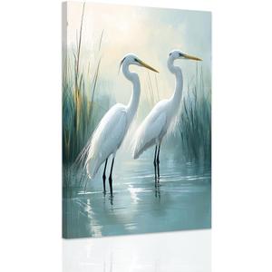SWQYLB White Heron Wall Decor Egret Wall Art Coastal Bird Canvas Art Prints Heron Bathroom Decor Beach Seashore Picture Framed Home Decor (12" x 18")