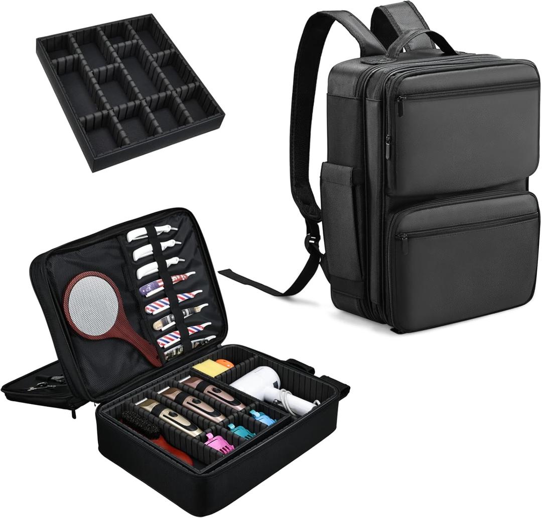 Barber Bag with Detachable Tray, 16.8-in Travel Backpack for Clippers and Supplies, Large Capacity Hairdresser Bag with Adjustable Dividers for Hair Cutting Tools