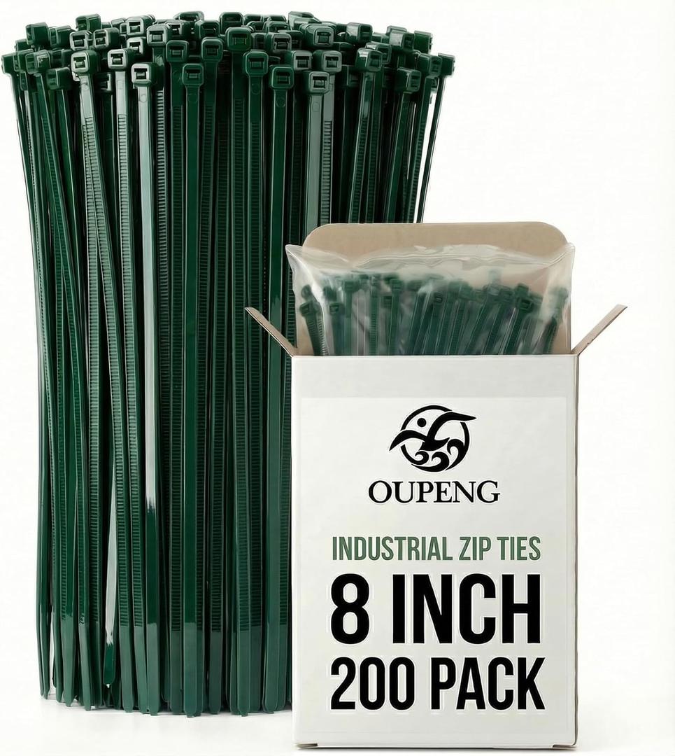 200PCS Nylon Zip Ties - 8 Inch Green,Multi-Purpose Self Locking Cable Ties,Ultra Strong Plastic Wire Ties with 40lb Tensile Strength,Cable Ties for Indoor and Outdoor Use