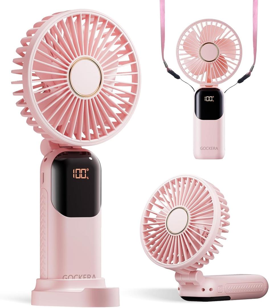 GOCKERA Portable Fan, 4200mAh Battery Operated Fan, 5 Speeds&Digital Display, Makeup Fans for Women with Base, 180Foldable 3in1 Handheld/Neck/Desk Fan for Outdoor Indoor,Ultra Quiet (Pink)