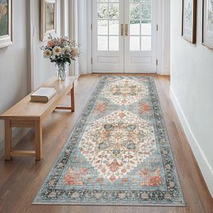 Runner Rugs for Hallway 2x10 Machine Washable Runners, Boho Vintage Retro Floral Medallion Runners for Kitchen Entryway Bathroom, Low Pile Lightweight Non Slip Runner Rug, Blue Orange