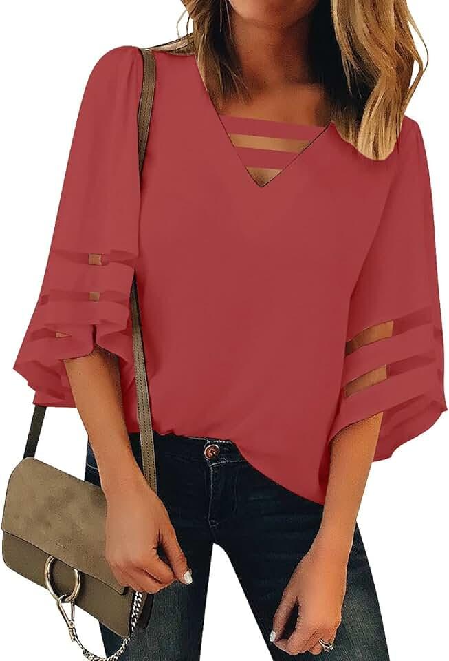 luvamia Women's Casual Strappy V Neck Blouse 3/ 4 Bell Sleeve Mesh Panel Shirts Loose Top Blousess Red Size M