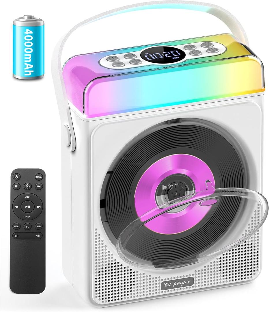 Portable CD Player with Bluetooth & RGB Lights, 4000mAh Rechargeable Personal CD Player with Speakers & Remote, Bass Boost, USB/TF/AUX Support, Portable Bluetooth CD Player for Home/Outdoor Use (White