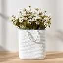 Vaseking Elegant White Petite Vase, 8 inch Ceramic Modern Minimalism Basket Vase with Hanging Rope, Creative Tote Bag Vases for Home Decor, Living Room, Wedding, Bookshelf Decor