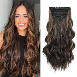 Clip in Hair Extensions, Highlight balayage dark brown Hair Extensions, 6 PCS Hairpieces, Natural & Blends Well (20inch, 6pcs, Dark Roasted Coffee & Caramel Brown)
