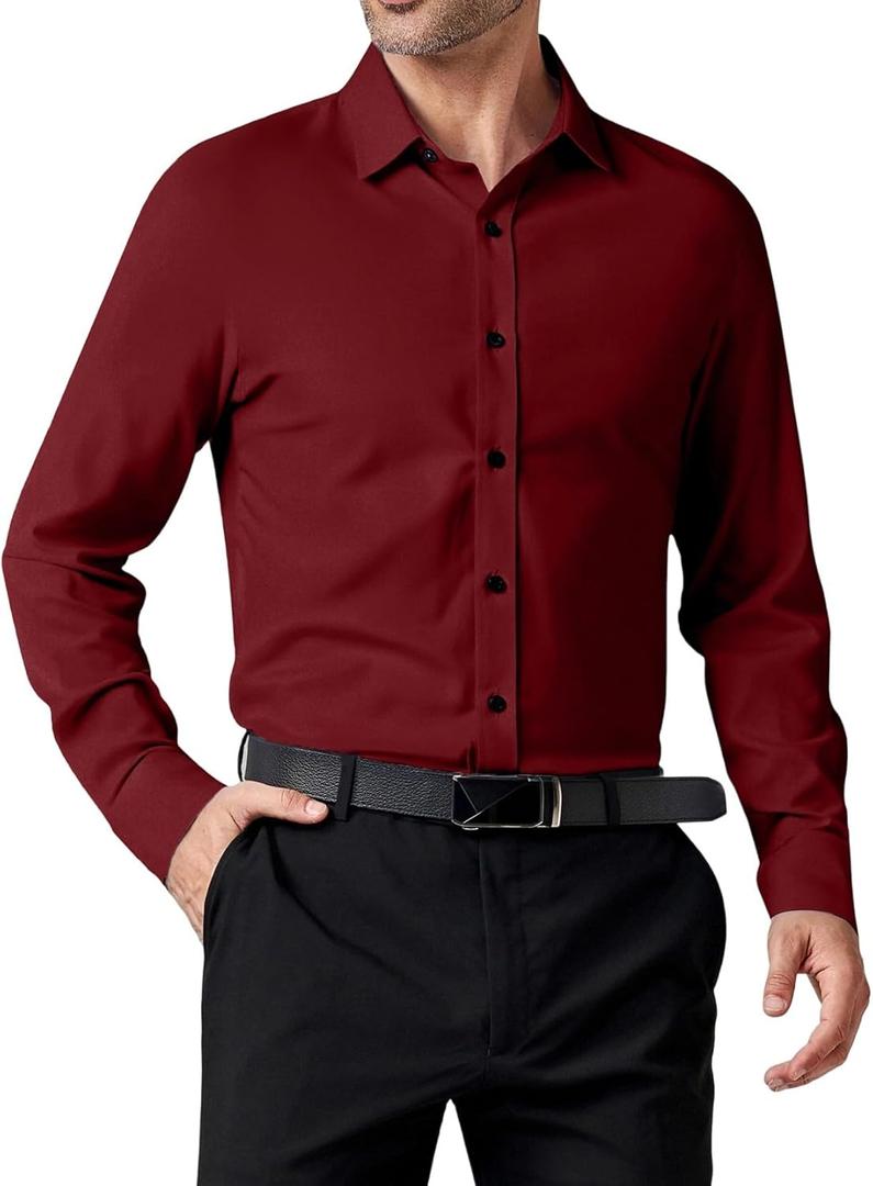 TANSILING Men's Stretch Formal Dress Shirt - Soft Long Sleeve Button Down Shirts for Wedding Holiday Parties (XX-Large, Burgundy)