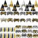 Jenaai 96 Pcs New Year Eve Party Supplies 2026 Happy New Year Eve Party Favors Include Paper Glasses Cone Hats Black Silver Gold Headbands Blowers Noisemakers for Holiday Decors Photo Prop Accessories