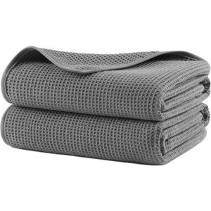 POLYTE 380 GSM Microfiber Oversize Quick Dry Lint Free Waffle Bath Towel For Body, 60 x 30 In, Set Of 2 (Gray)