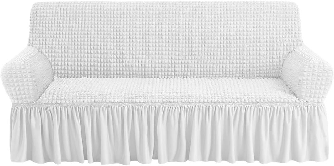 NICEEC Sofa Slipcover White Sofa Cover 1 Piece Easy Fitted Sofa Couch Cover Universal High Stretch Durable Furniture Protector with Skirt Country Style (3 Seater White) (Large)