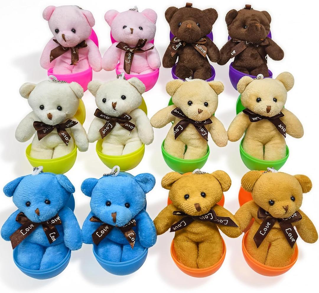 Abakuku 12 Pcs Prefilled Easter Eggs Plush Toy,3.15in Bright Colorful Eggs Prefilled with Variety Plush Toy Easter Basket Stuffers Party Favors Gift Bags