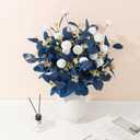 Dallisten Fake Flowers for Vase, 16 pcs Faux Silk Pompom Mum Artificial Flowers with Eucalyptus Stems, Mini Floral Long Stem Arrangements for Home Decor, Wedding, Table Centerpieces DIY Floral Designs (Navy Blue+white)
