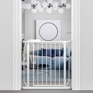Narrow Baby Gate or Doorways No Drill 29.13-33.86 Inch, Pressure Mounted Metal Child Gates for Wide Openings, Walk Through Pet Gate Indoor Auto Close, White