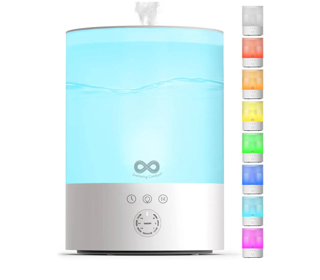 Everlasting Comfort 2.5L Top Fill Humidifier for Bedroom – Quiet, Easy to Fill & Clean, 24HR Runtime, Night Lights, Timer, Ultrasonic Cool Mist, Auto Shut-Off, Essential Oil Diffuser - White