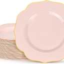 bUCLA 48Pieces Pink Plastic Dessert Plates - 7.5inch Premium Hard Pink with Gold Rim Small Cake/Salad/Appetizer Plates Disposable for Wedding, Party, Shower & Easter (48PCS)