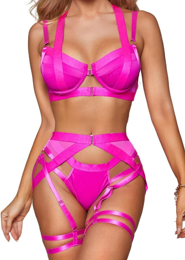 Kaei&Shi Strappy Harness, All Adjustable, Underwire Racerback, 4pc Garter Set (Neon Pink), Size S