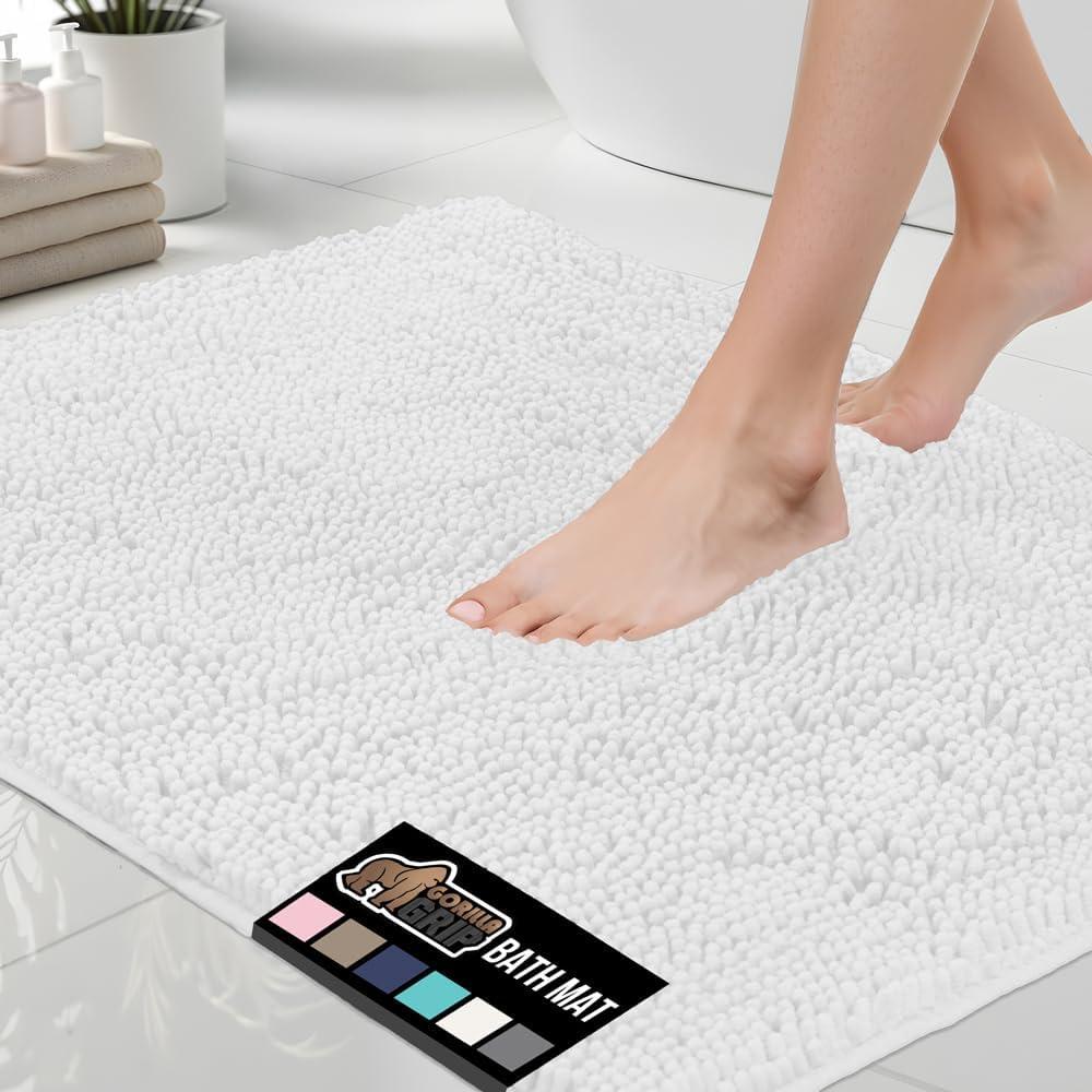 GORILLA GRIP Bath Rug Mat, Thick Soft Absorbent Chenille, Quick Dry Microfiber Mats, Rubber Backing Washable Shower Floor Rugs, US Designed Bathroom Bathmat Home Decor Accessories, 24x17, White