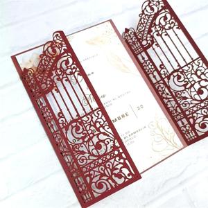 MillaSaw Burgundy Fence Laser Cut Wedding Invitation Card For Marriage Valentine Birthday Party 25 Sets (burgundy, 4.9"x7.1")