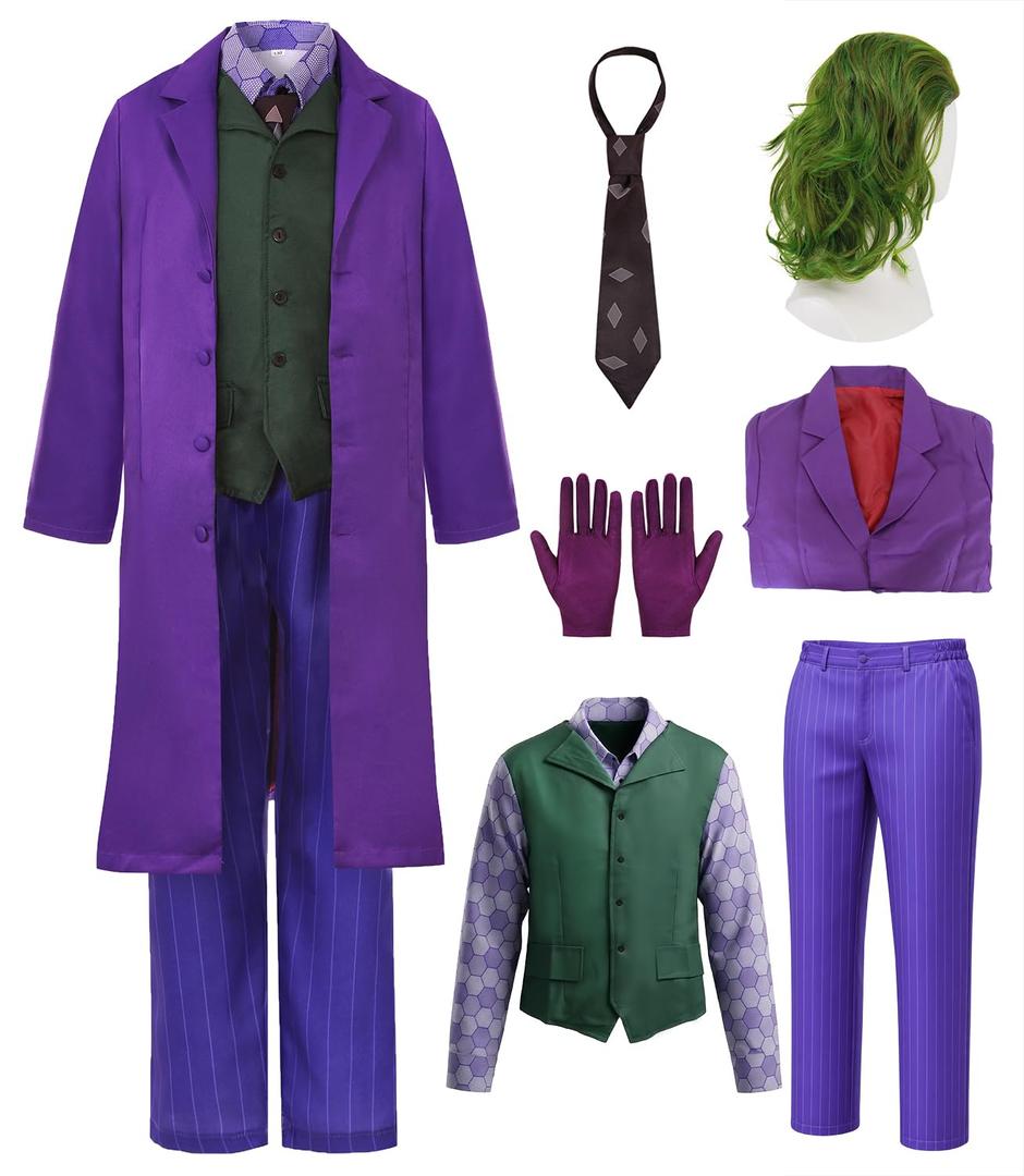 Mens Halloween Costumes Set with Coat Shirt Pants Wig Tie Gloves Halloween Clown Costume Cosplay Outfits, Small