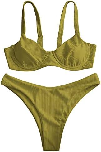 ZAFUL Women's Ribbed Underwire Bikini Set High Cut Colorblock V Notch Swimwear Printed High Leg Swimsuit L, Green 
