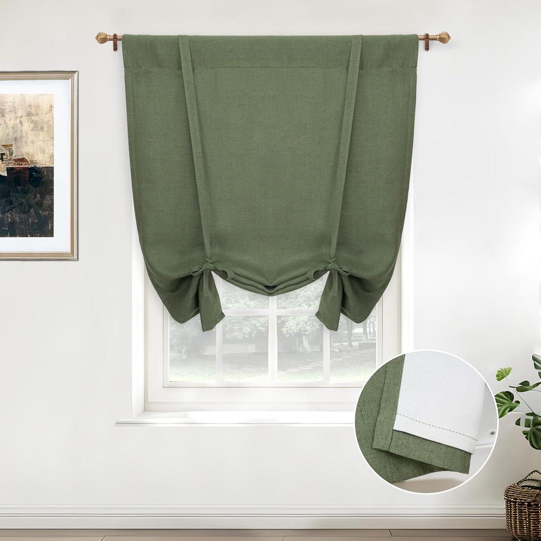 DriftAway Double Layer Linen Blackout Tie Up Curtains Thermal Insulated Fully Lined Balloon Roman Shade Bathroom Window Adjustable Rod Pocket for Small Window 31 Inch by 47 Inch Olive Green