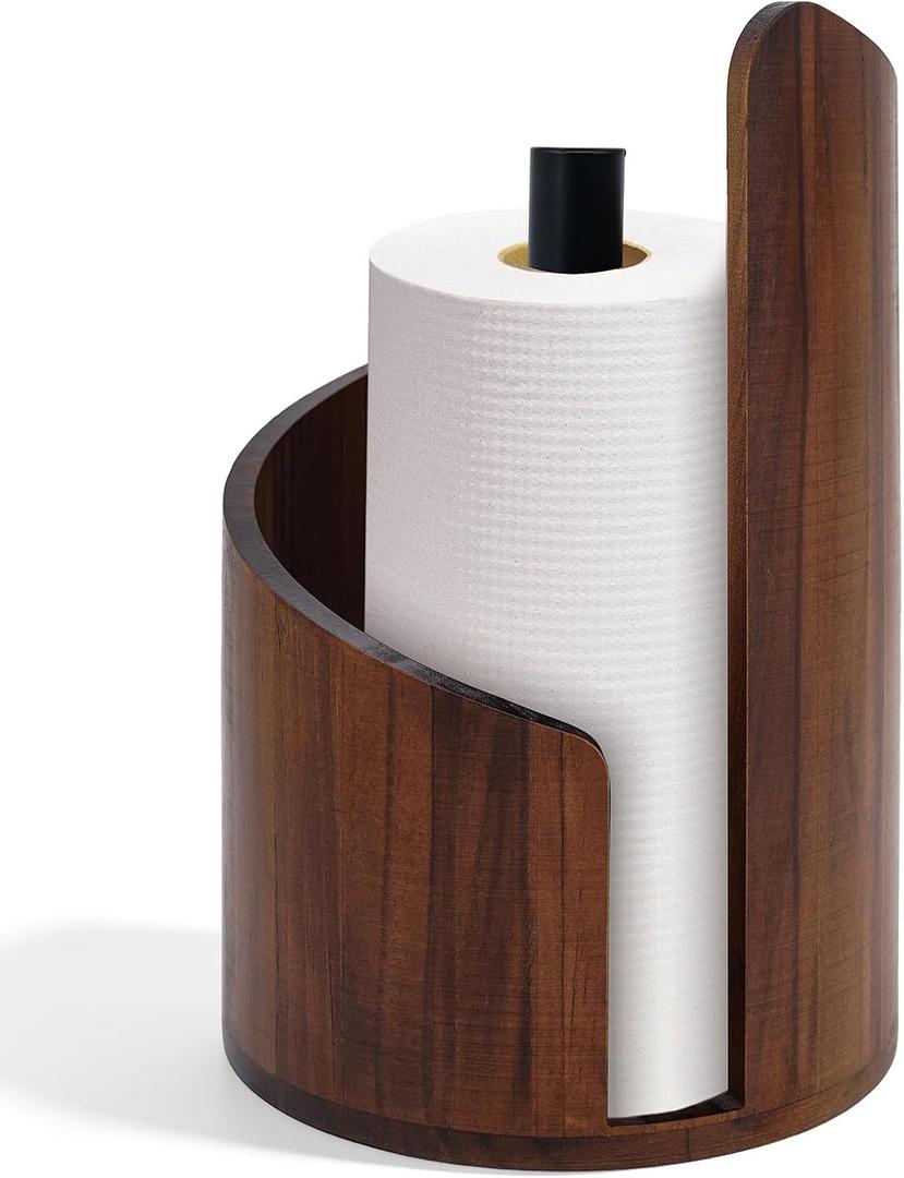 Wooden Paper Towel Holder, Round Standing Roll Organizer for Kitchen Countertop, Brown, 11.4 inches