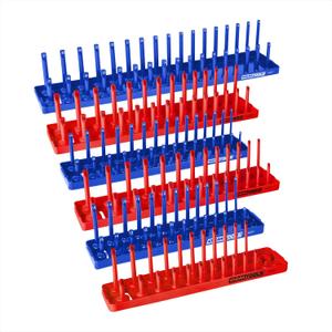 OEMTOOLS 22237 6 Piece SAE and Metric Socket Tray Set, SAE and Metric Socket Storage for Sizes 1/4", 3/8, and 1/2" Drive, Socket Holders and Socket Organizer Tray for Toolbox, Red and Blue