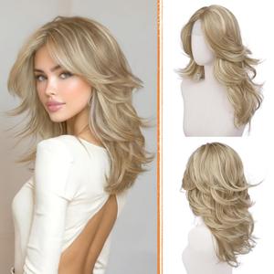 Haloo Blonde Layered Wigs with Curtain Bangs Lace Front Hairline Long Wavy Natural Looking Middle Part Synthetic Hair Wig for Women Daily Party Costume, 20 Inch Dirty Blonde