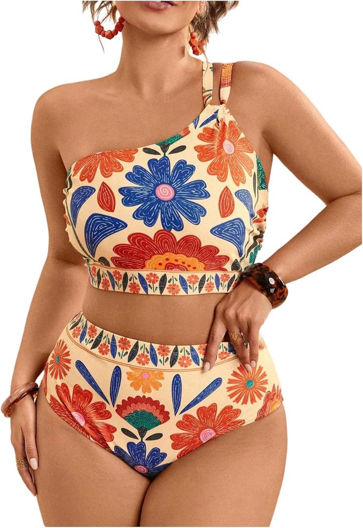 SOLY HUX Plus Size Bikini Sets for Women Floral Print One Shoulder High Waisted Bathing Suit Two Piece Swimsuit (4X-Large Plus, Multicoloured Flower)