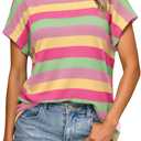 Saodimallsu Womens Striped Short Sleeve Tops Summer Casual Color Block Crew Neck Lightweight Loose Knit Shirts (Small, Pink)