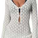 MakeMeChic Women's Swimsuit Coverup Crochet Mini Dress Bathing Suit Beach Cover Up (White), XS