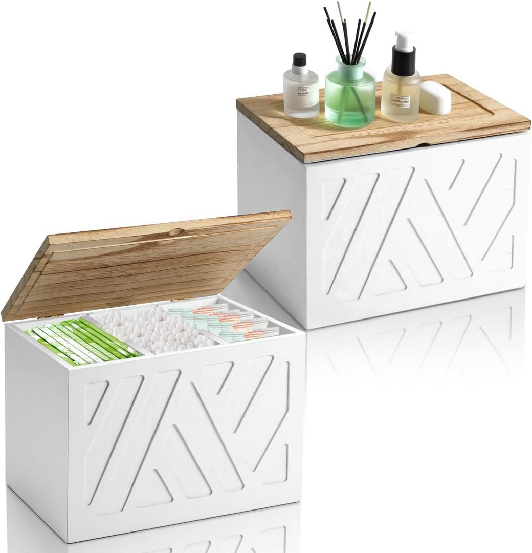 2Pcs Tampon Holder for Bathroom Decor, Feminine Product Organizer, Shark Week Tampon Storage with Lid, Wood Pad Box for Toilet, Lady Girl Stuff Organizer Case Bathroom Accessories- White