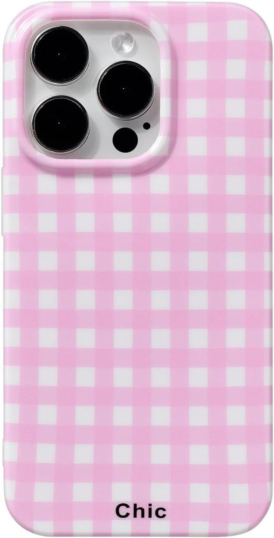 Phone Case for iPhone 15 Pro Max Case Cute Lattice Stylish Aesthetic Pattern Girly Women Design Glossy Shockproof Protective Cover for iPhone 15 Pro Max-Pink