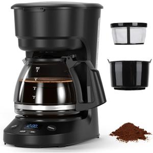 Electactic 5-Cup Programmable Drip Coffee Maker, a compact coffee machine with a digital clock and 24-hour programmable timer, featuring Auto Shut-Off, and a Removable Filter Basket for Home & Office.