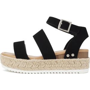 Soda Top Shoe Bryce Open Toe Buckle Ankle Strap Espadrilles Flatform Wedge Casual Sandal (7.5, Black)