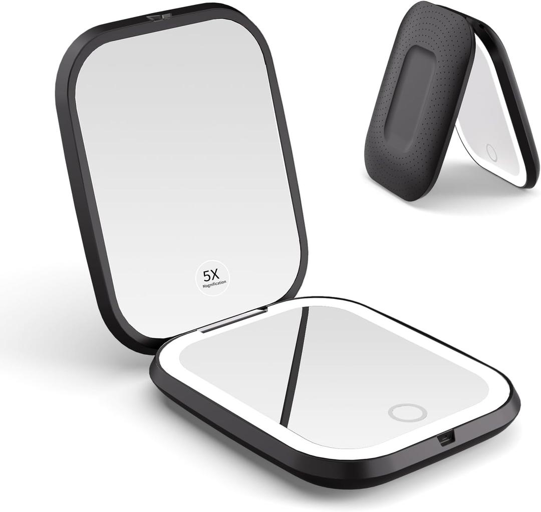 WOBSION Rechargeable 5X Magnifying Compact Travel Mirror with Light, Dimmable Portable Makeup Mirror for Purse & Pocket, Ideal for Gift, Black