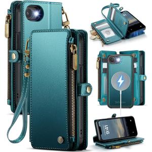 Defencase for iPhone 17E/ 16E Magnetic Wallet Case Compatible with Magsafe with RFID Blocking Zipper Pocket & Card Holder for Women Men, Leather Strap Detachable Case for iPhone 16e & 17e, Blue Green