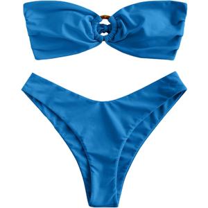 ZAFUL Women's Bandeau Bikini O Ring Strapless Tie Back High Cut Two Piece Swimsuit Bathing Suits (Medium, 0-deep Blue)