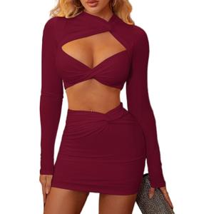 XinFSh Women's Sexy Two Piece Skirt Set Long Sleeve Crop Top Cut Out Twist Front Bodycon Mini Dress Party Club Outfits (Large, Red)