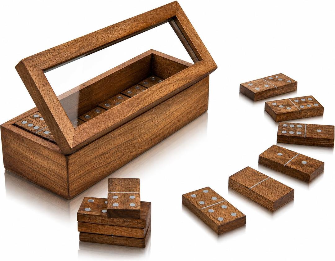 Premium Handmade Wooden Dominoes Set Deck Pack With 28 Professional Domino Tiles In Decorative Acacia Wood Storage Box Classic Table Party Favor Gift Ideas For Men Women Adults