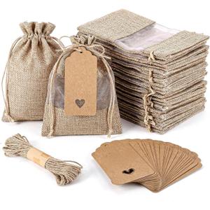 Nodaaiie 50 Pcs 5 x 7 Inch Burlap Bags with See-Through Window & Bonus Cards, Natural Jute Burlap Sack Drawstring Gift Favor Pouches for Wedding Party Favors Jewelry Samples