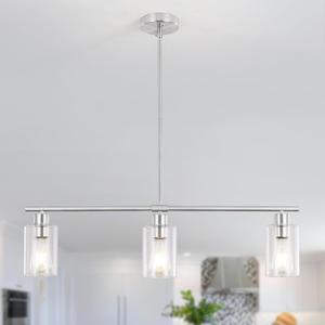 Kitchen Island Lighting, 3-Light Brushed Nickel Linear Chandelier Pendant Lights Kitchen Island with Glass Shade, Modern Farmhouse Chandeliers for Dining Room Bar Table Foyer Entryway