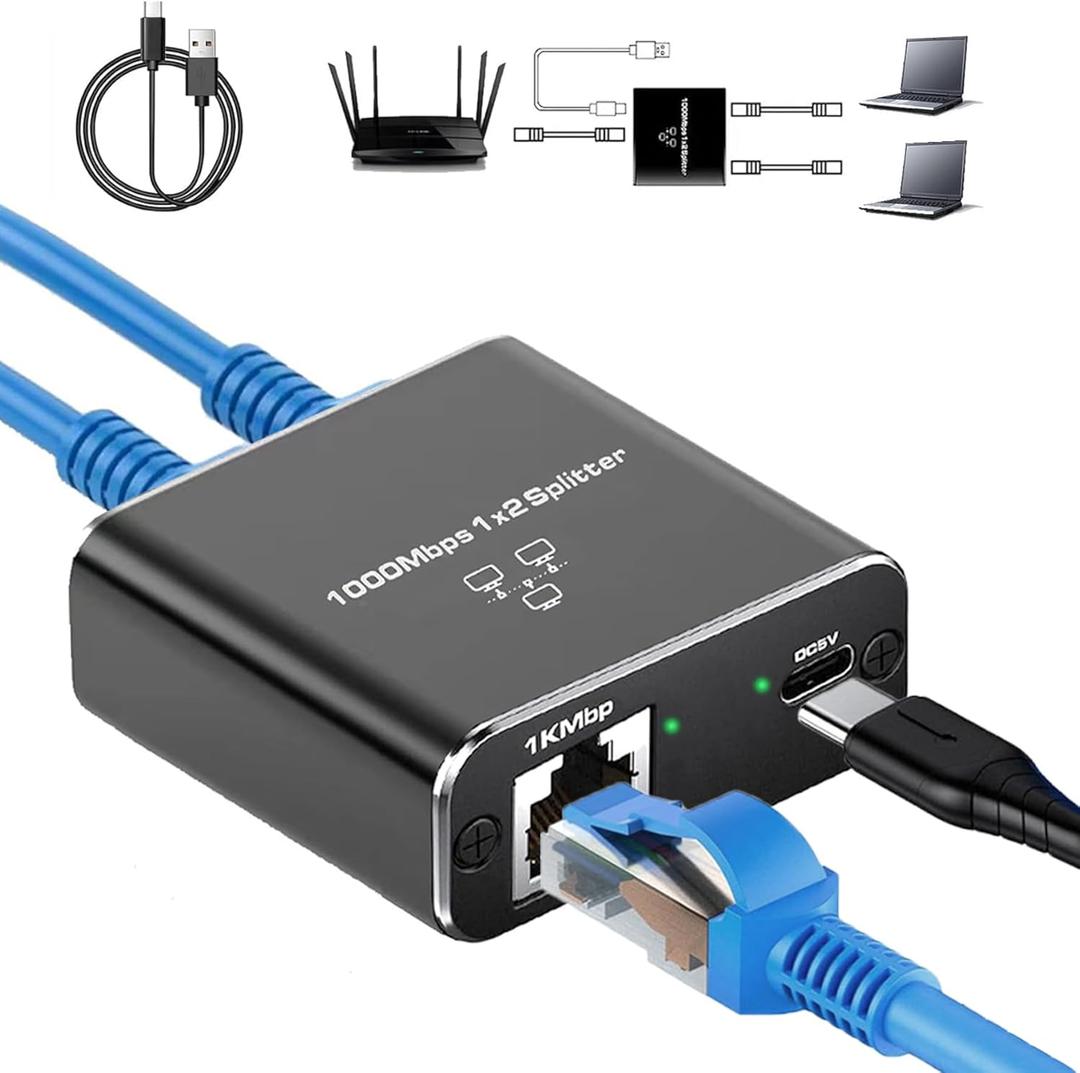 Pushua Gigabit Ethernet Splitter 1 to 2 High Speed(2 Devices Simultaneously Networking), 1000Mbps Internet Splitter 1 in 2 out, LAN Splitter with USB Power Cable, RJ45 Splitter for Cat5/ 5e/ 6/ 7/ 8 Cable