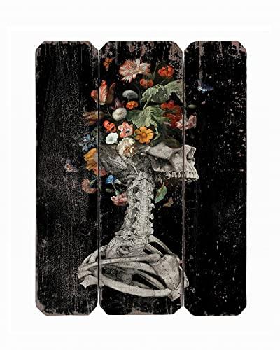 Flooreal Gothic Wall Art Home Decor Skeleton Picture Floral Sugar Skull Painting H16inch Black Dark Eclectic Wood Prints with Spooky Flower Aesthetic Vintage Style Artwork Plaque for House 1pc
