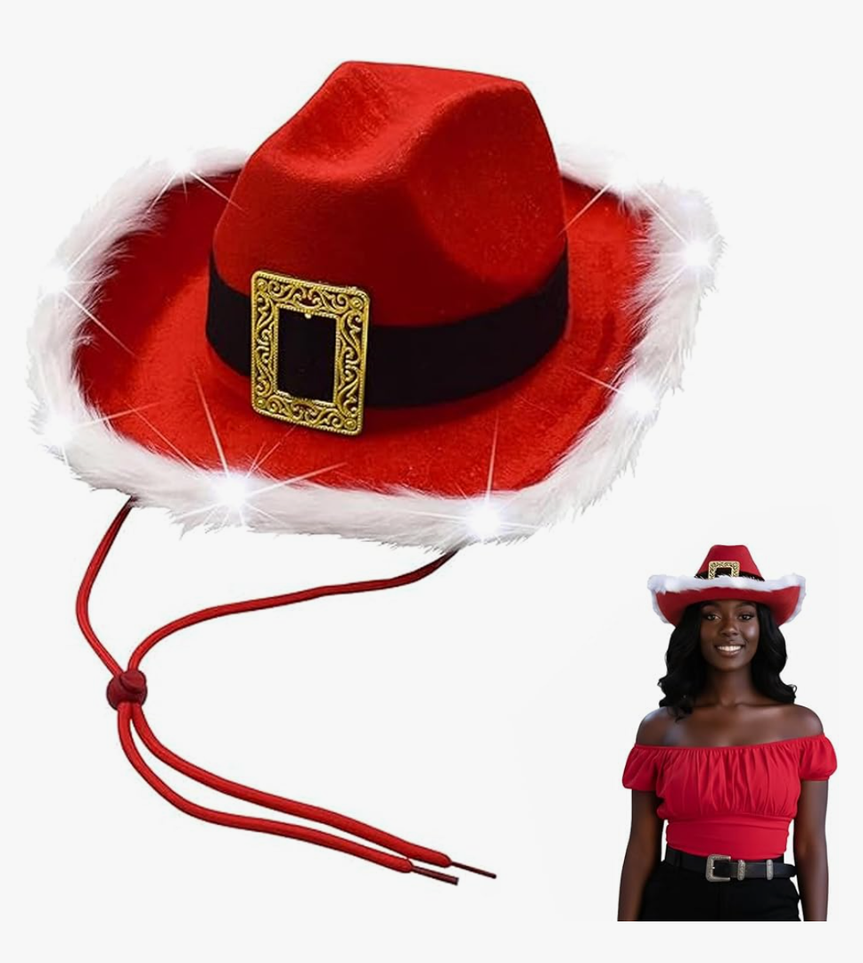 Nicky Bigs Novelties Adult Light Up Santa Claus Christmas Cowboy Hat  Light Up LED Lights Cowgirl Hats  Holiday Western Costume Accessory, Red White, One Size