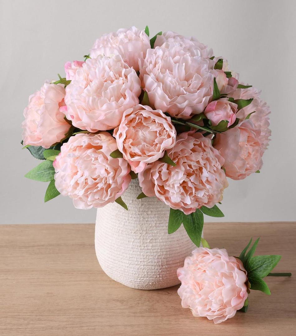 Florisso Light Pink Peony Artificial Flowers - 11 Branches Silk Peonies for Vase Arrangements, Wedding Decor & Living Room Accents (Faux Flowers)